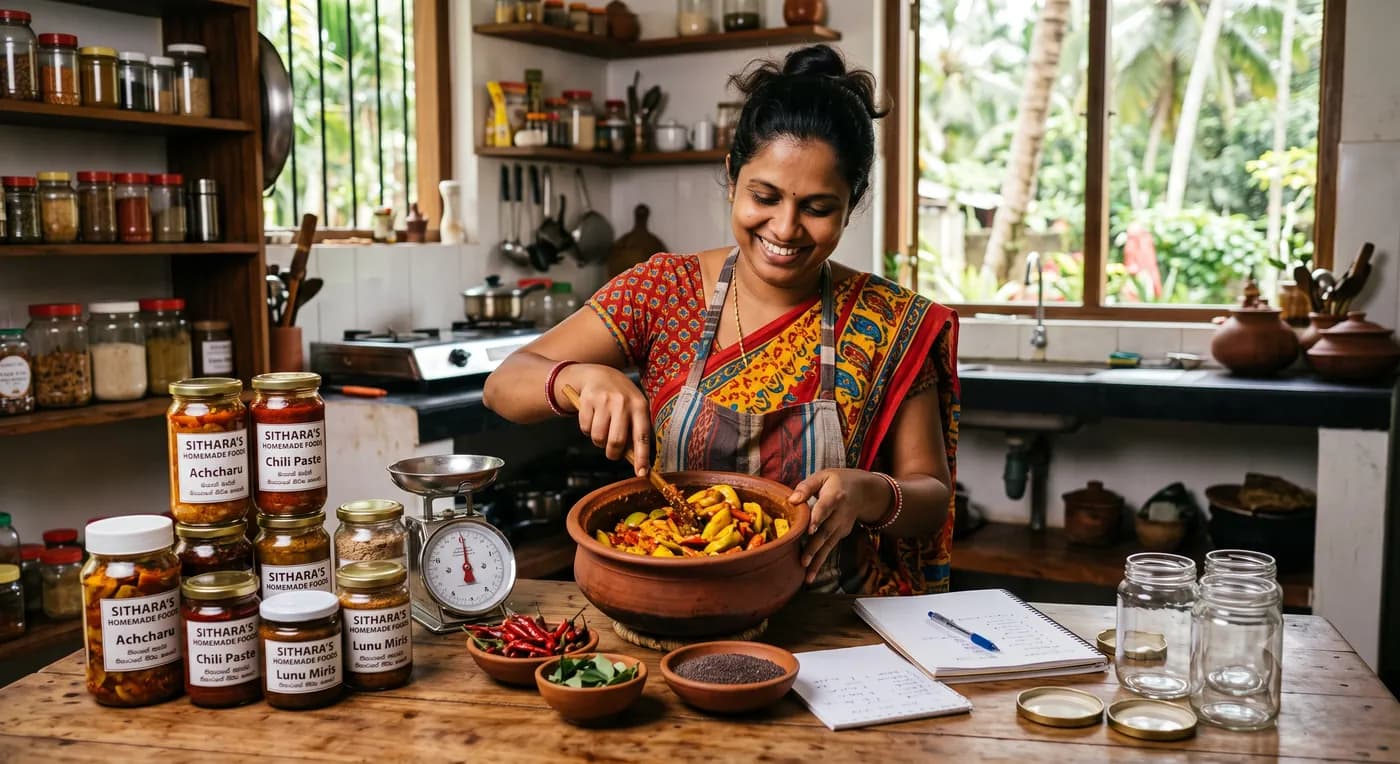 තම මුළුතැන්ගෙය තුළ ගෘහස්ථ ආහාර නිෂ්පාදන සකස් කර ඇසුරුම් කරන ශ්‍රී ලාංකික කාන්තාවක්.