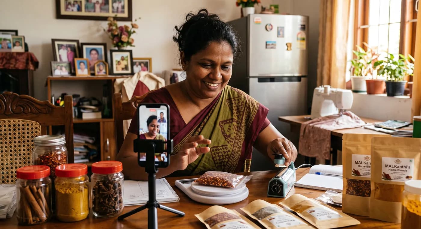 වීඩියෝ ඇමතුමකින් ව්‍යාපාරික මාර්ගෝපදේශ ලබාගනිමින් කුළුබඩු ඇසුරුම් කරන ශ්‍රී ලාංකික කාන්තාවක්.